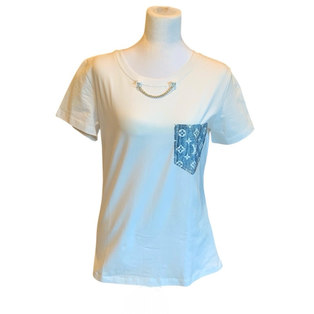 ➰Louis Vuitton Style Logo Jacquard Denim Pocket T-Shirt ➰ - Picture 2 of 9